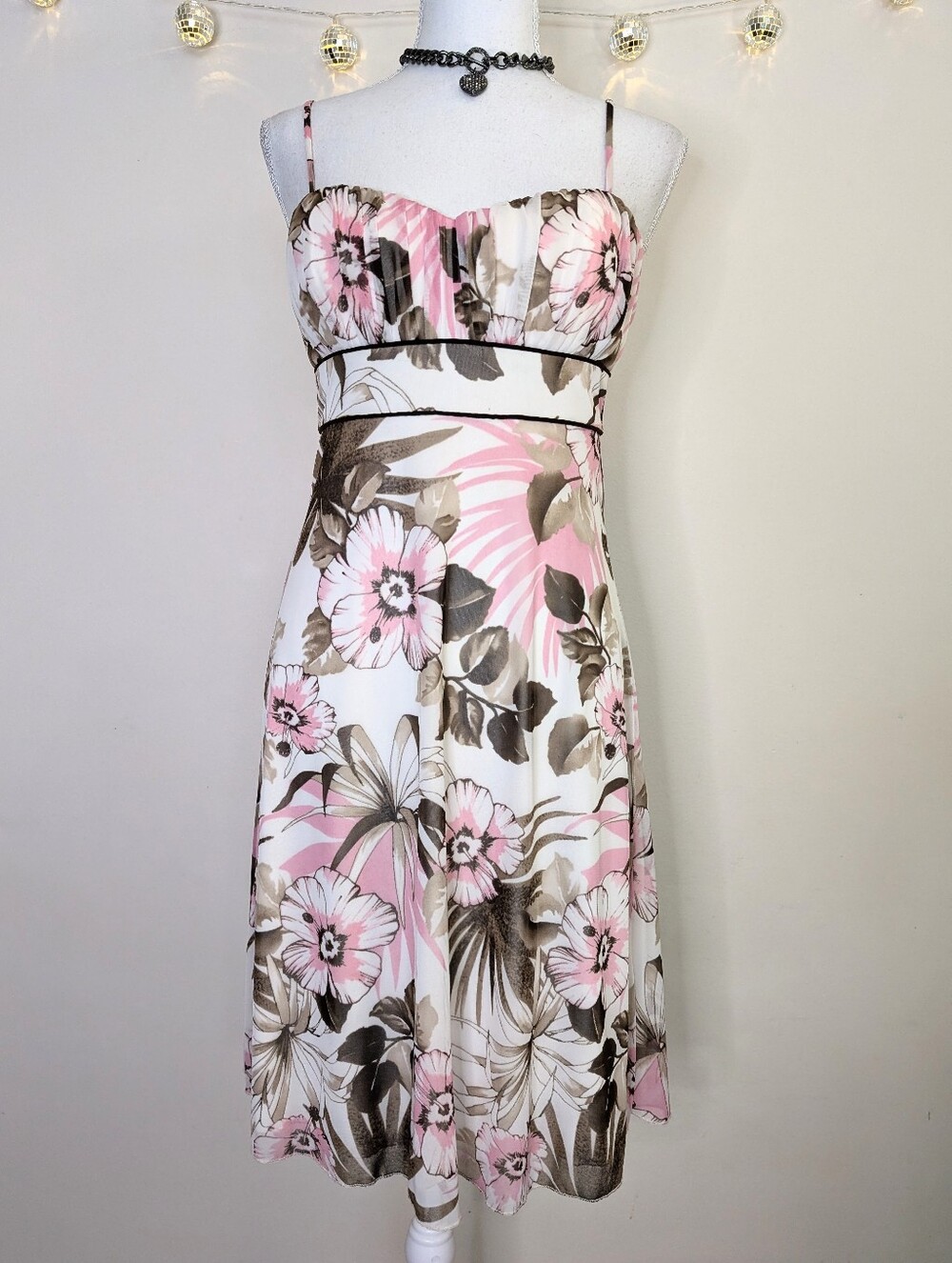 Y2K Pink and Brown Hibiscus Print Mesh Sundress With Ruching